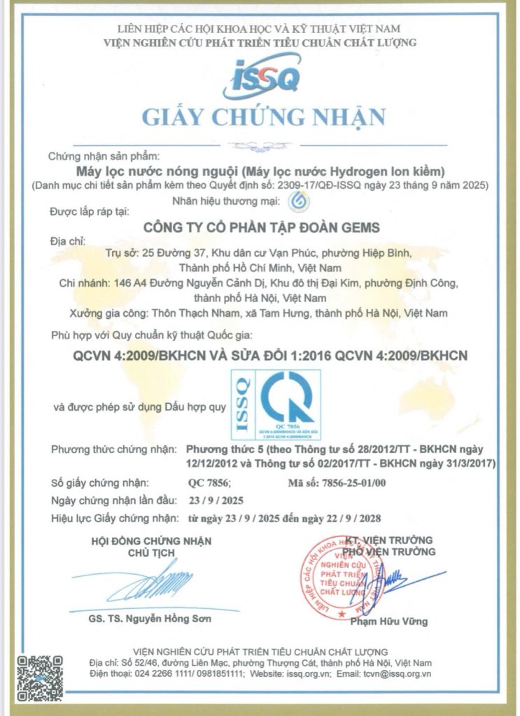 Chứng nhận Hợp Quy - máy lọc nước Hydrogen Ion Kiềm GEMS