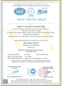 Chứng nhận ISO 9001 - máy lọc nước Hydrogen Ion Kiềm GEMS
