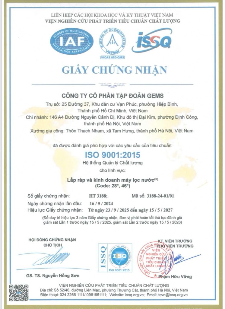 Chứng nhận ISO 9001 - máy lọc nước Hydrogen Ion Kiềm GEMS
